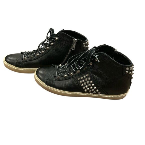 Leather Crown Studborn black Mid top Sneakers Silver Metal Studs Zipper Size 38 - Picture 6 of 12